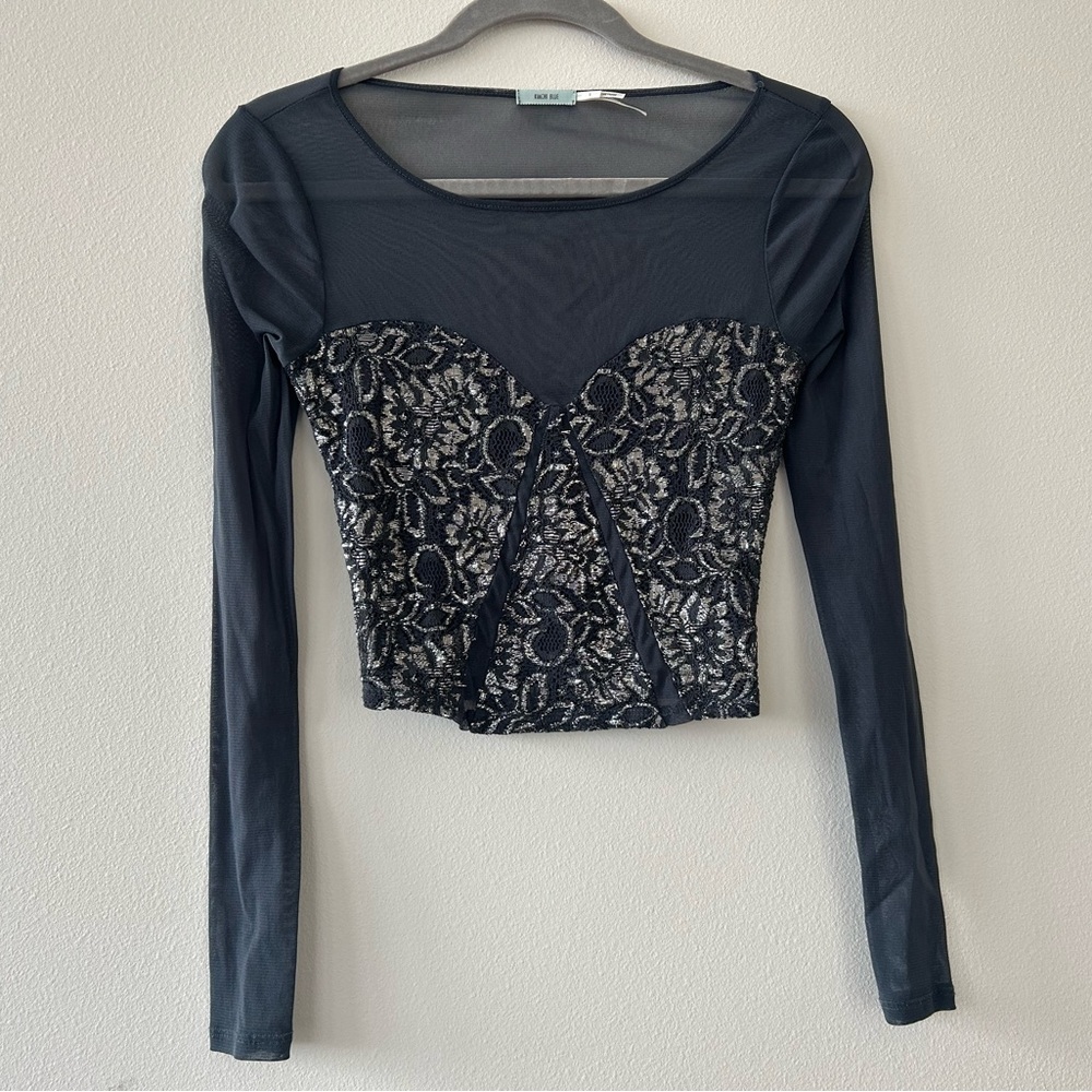Kimchi Blue - Charcoal Grey Metallic and Mesh Cropped Top